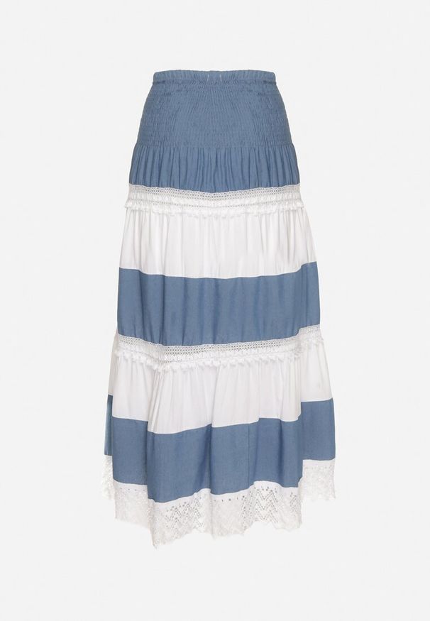 Born2be - Niebiesko-Biała Bawełniana Spódnica Midi o Rozkloszowanym Fasonie Nervilla. Okazja: na co dzień. Kolor: niebieski. Materiał: bawełna. Styl: casual, klasyczny