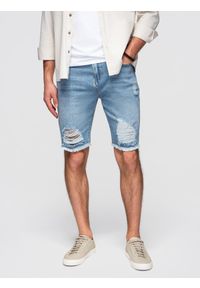 Ombre Clothing - Krótkie męskie spodenki jeansowe z przetarciami i dziurami – jasnoniebieskie V2 - Rozmiar: XL. Okazja: na co dzień. Kolor: niebieski. Materiał: jeans. Długość: krótkie. Wzór: aplikacja. Sezon: lato. Styl: klasyczny, casual #1