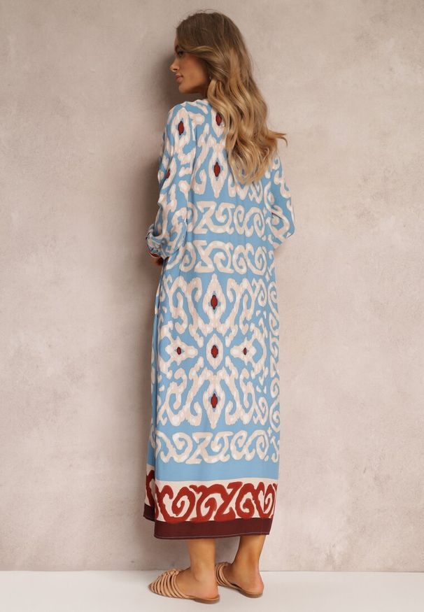 Renee - Niebieska Sukienka Maxi z Rozporkami i Wsuwanymi Kieszeniami Ranno. Kolor: niebieski. Materiał: tkanina. Długość rękawa: długi rękaw. Styl: boho. Długość: maxi