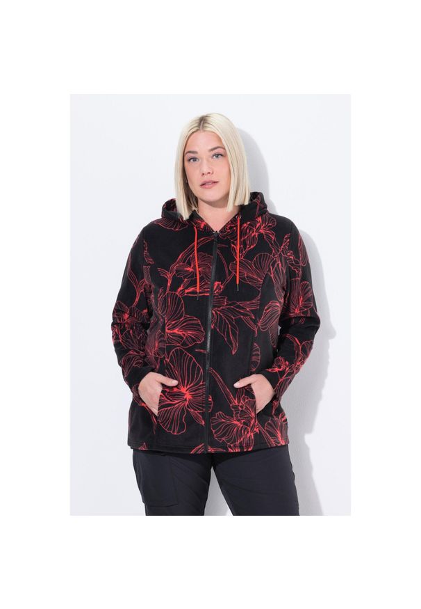 ULLA POPKEN - Damskie Kurtka polarowa wzór w kwiaty kaptur długi rękaw. Kolekcja: plus size. Kolor: czarny. Materiał: poliester, materiał. Długość rękawa: długi rękaw. Długość: długie. Wzór: kwiaty