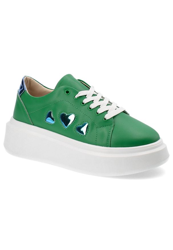 Zielone Sneakersy Artiker Stylowe Obuwie Damskie Z Serduszkami. Kolor: zielony. Materiał: materiał