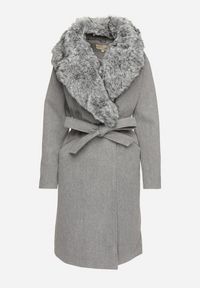 Born2be - Szary Elegancki Płaszcz Dwurzędowy z Futrzanym Kołnierzem i Paskiem Adeloria. Okazja: na co dzień. Kolor: szary. Materiał: futro. Styl: elegancki #4