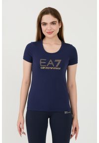 EA7 Emporio Armani - EA7 Granatowy damski t-shirt z cyrkoniami, Rozmiar M. Kolor: niebieski