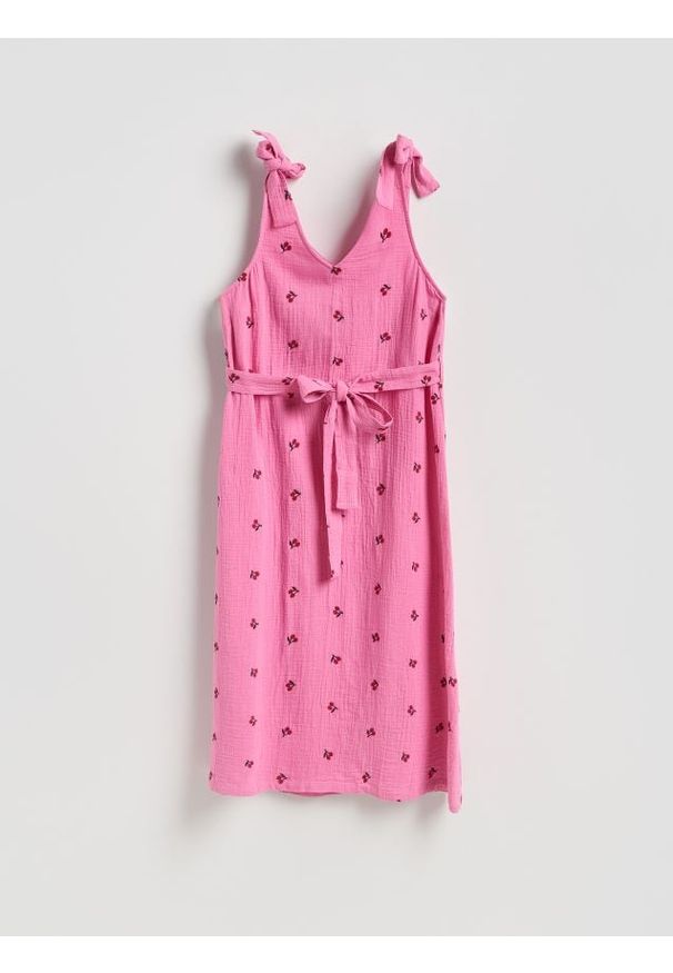 Reserved - Muślinowa sukienka z haftem - różowy. Kolor: różowy. Materiał: bawełna. Wzór: haft. Typ sukienki: proste