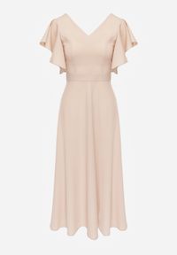 Renee - Beżowa Sukienka o Rozkloszowanym Kroju z Falbanami Bouchard. Typ kołnierza: dekolt w kształcie V. Kolor: beżowy. Materiał: tkanina. Wzór: jednolity, gładki. Styl: wizytowy, klasyczny. Długość: maxi #2