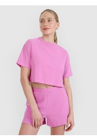 4f - 4F T-shirt crop top z waflowej dzianiny damski - różowy L. Okazja: na co dzień. Kolor: różowy. Materiał: dzianina. Długość rękawa: krótki rękaw. Długość: krótkie. Wzór: kratka, haft. Styl: sportowy, casual