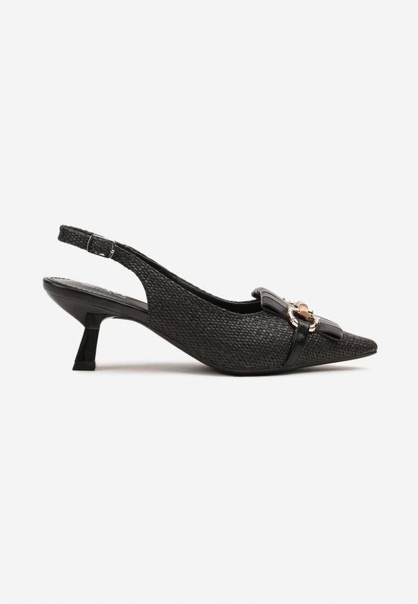 Renee - Czarne Sandały na Kaczuszce Typu Slingback Ozdobione Klamrą Tolirea. Okazja: na co dzień. Zapięcie: klamry. Kolor: czarny. Wzór: aplikacja. Obcas: na szpilce. Styl: casual, klasyczny, elegancki. Wysokość obcasa: średni