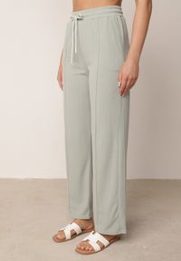 Born2be - Zielone Szerokie Spodnie z Prążkowanej Tkaniny z Wysokim Stanem Sarora. Okazja: na co dzień. Stan: podwyższony. Kolor: zielony. Materiał: tkanina, prążkowany. Wzór: prążki. Styl: casual #1