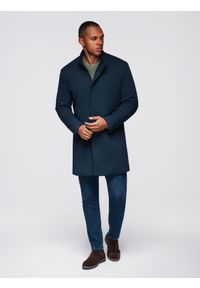 Ombre Clothing - Dopasowany strukturalny płaszcz męski z wysokim kołnierzem – granatowy V2 - Rozmiar: XL. Okazja: na co dzień. Kolor: niebieski. Materiał: tkanina, materiał, syntetyk. Długość: długie. Wzór: jednolity, aplikacja. Styl: casual, elegancki