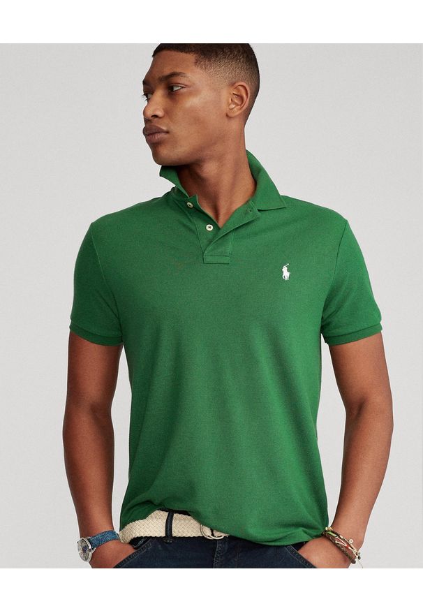 Ralph Lauren - RALPH LAUREN - Zielona koszulka The Earth Custom Slim Fit. Typ kołnierza: polo. Kolor: zielony. Materiał: prążkowany, tkanina. Wzór: haft. Styl: klasyczny