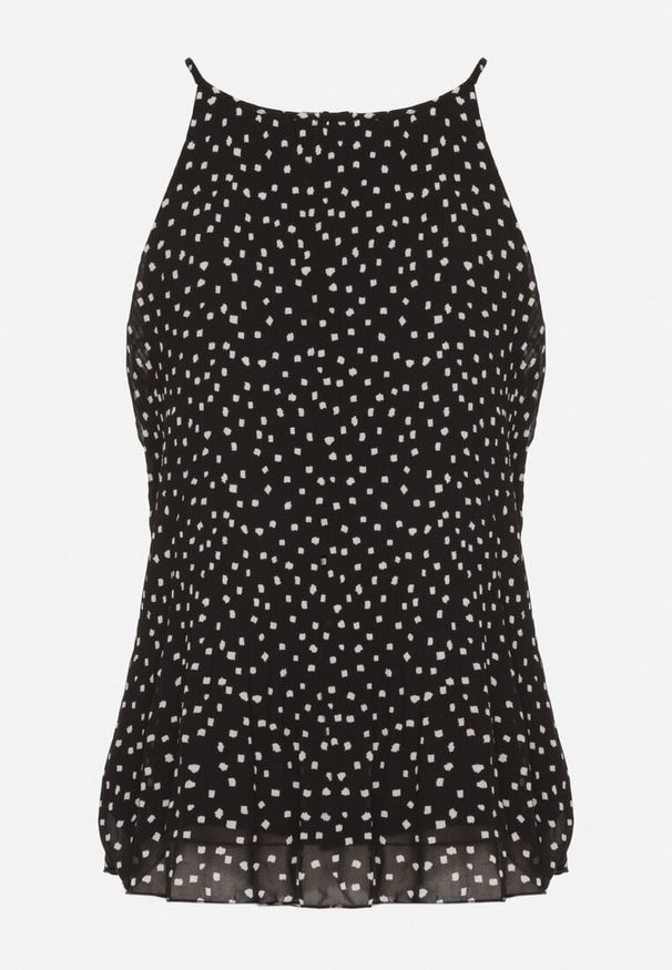 Born2be - Czarna Plisowana Bluzka na Ramiączkach w Kropki Filareia. Okazja: na co dzień. Kolor: czarny. Materiał: jeans. Długość rękawa: na ramiączkach. Wzór: kropki. Styl: casual, elegancki