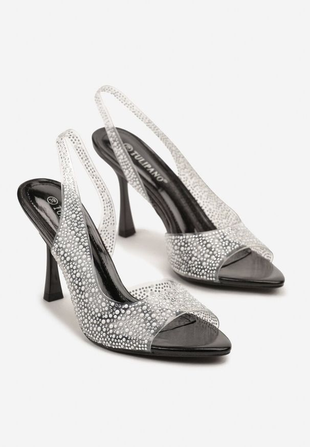 Renee - Czarne Przezroczyste Sandały na Szpilce Slingback Ozdobione Cyrkoniami Fodaria. Kolor: czarny. Wzór: aplikacja. Sezon: lato. Obcas: na szpilce. Styl: klasyczny. Wysokość obcasa: średni