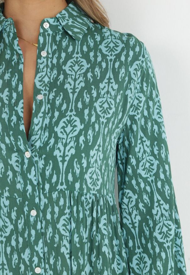 Born2be - Zielono-Niebieska Sukienka Koszulowa w Ornamentalny Wzór Midis. Okazja: na spacer, na co dzień. Kolor: zielony. Materiał: wiskoza. Długość rękawa: długi rękaw. Typ sukienki: koszulowe. Styl: elegancki, casual