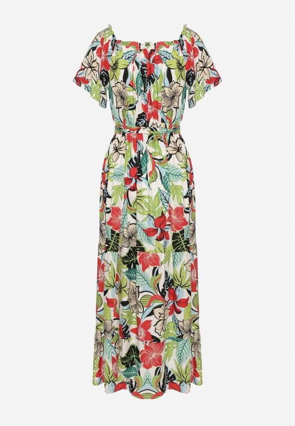 Born2be - Zielono-Różowa Sukienka z Wiskozy w Kwiaty Rozkloszowana Wiązana w Talii Quilbia. Okazja: na spacer, na plażę. Typ kołnierza: dekolt hiszpanka. Kolor: biały. Materiał: wiskoza. Długość rękawa: krótki rękaw. Wzór: kwiaty. Sezon: lato