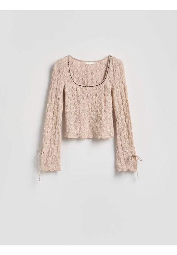 Reserved - Koronkowy longsleeve - beżowy. Kolor: beżowy. Materiał: koronka. Długość rękawa: długi rękaw