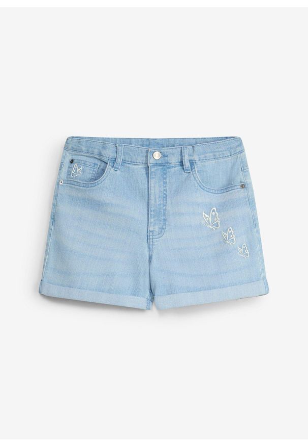 bonprix - Szorty jeansowe mid waist z bawełną organiczną. Kolor: niebieski