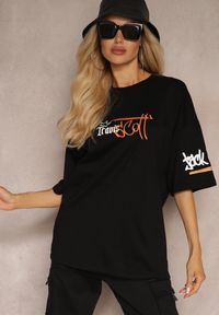 Renee - Czarna Koszulka T-shirt Oversize z Nadrukiem z Elastycznej Bawełny Taralise. Okazja: na co dzień. Kolor: czarny. Materiał: bawełna. Wzór: nadruk. Styl: elegancki, casual, sportowy #5