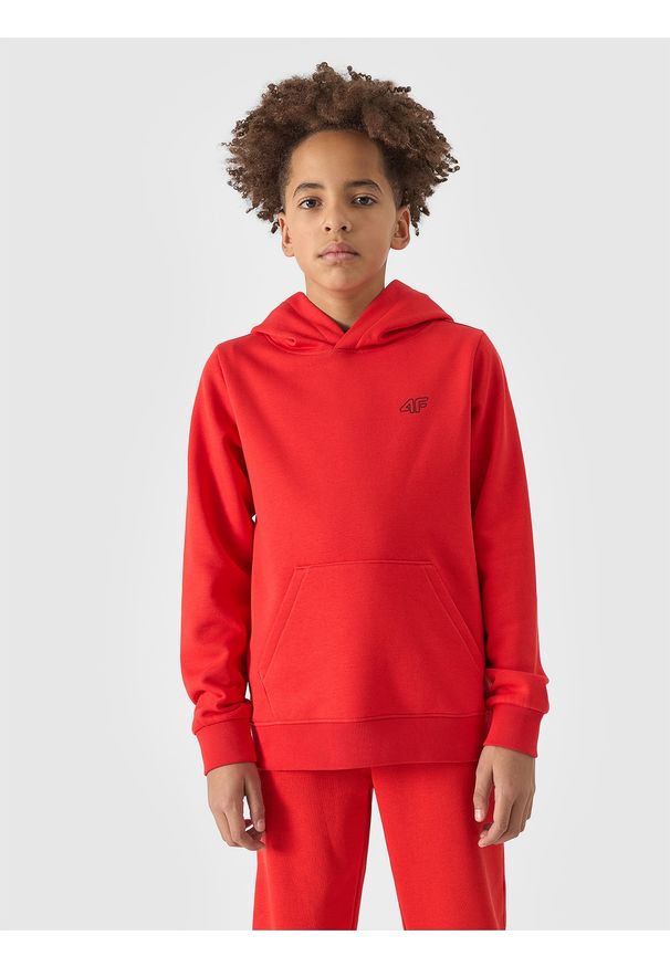 4f - 4F Bluza dresowa nierozpinana z kapturem chłopięca - pomarańczowa 146 (10-11 lat). Okazja: na co dzień. Typ kołnierza: kaptur. Kolor: pomarańczowy. Materiał: dresówka. Wzór: gładki, ze splotem. Sezon: lato. Styl: casual, sportowy