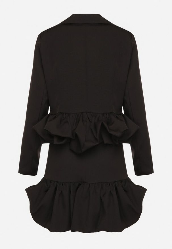 Born2be - Czarny Komplet Garniturowy Zdobiony Falbanami Marynarka i Spódnico-Spodenki Voelia. Kolor: czarny. Wzór: aplikacja