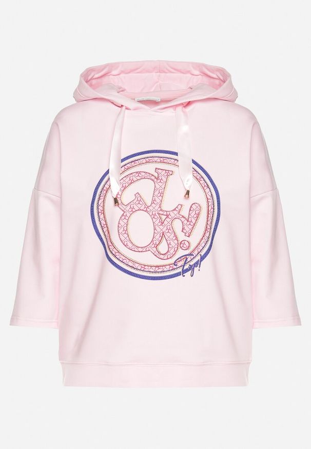 Born2be - Jasnoróżowa Bluza z Kapturem i Rękawami 3/4 Zdobiona Nadrukiem Saniriora. Typ kołnierza: kaptur. Kolor: różowy. Materiał: jeans. Wzór: aplikacja, nadruk. Styl: elegancki, klasyczny