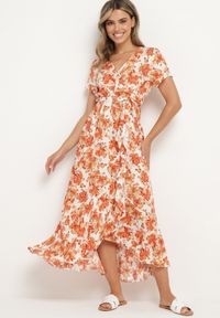 Born2be - Pomarańczowa Wiskozowa Sukienka o Rozkloszowanym Kroju z Gumką w Talii i Materiałowym Paskiem Vikletta. Kolor: pomarańczowy. Materiał: materiał, wiskoza. Długość rękawa: krótki rękaw. Typ sukienki: rozkloszowane. Styl: elegancki #3