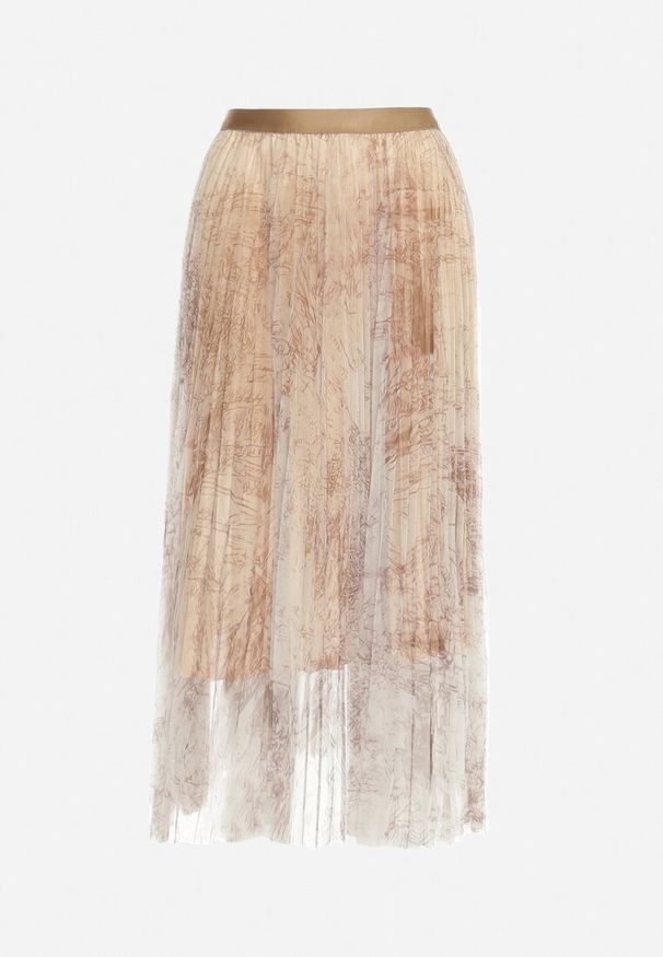 Born2be - Beżowa Plisowana Spódnica z Siateczką w Abstrakcyjny Wzór i Gumką w Pasie Olerna. Kolor: beżowy. Materiał: tiul. Wzór: aplikacja