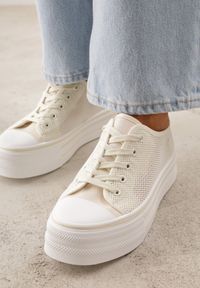 Born2be - Beżowe Trampki na Grubej Podeszwie z Plecioną Cholewką Nalivera. Okazja: na co dzień. Kolor: beżowy. Materiał: skóra, jeans. Szerokość cholewki: normalna. Styl: casual, rockowy #8