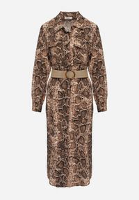 Born2be - Brązowa Wiskozowa Sukienka w Wężowy Wzór o Koszulowym Kroju z Elastycznym Paskiem Rinnosia. Okazja: na spotkanie biznesowe. Typ kołnierza: dekolt w serek. Kolor: brązowy. Materiał: wiskoza. Typ sukienki: koszulowe. Styl: biznesowy, elegancki #4