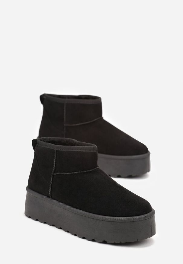 Born2be - Czarne Krótkie Śniegowce na Platformie Lysindra. Kolor: czarny. Materiał: jeans, futro, wełna, zamsz. Sezon: zima. Obcas: na platformie. Styl: elegancki, klasyczny