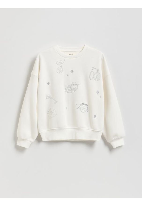 Reserved - Bluza z haftem - złamana biel. Materiał: bawełna. Wzór: haft