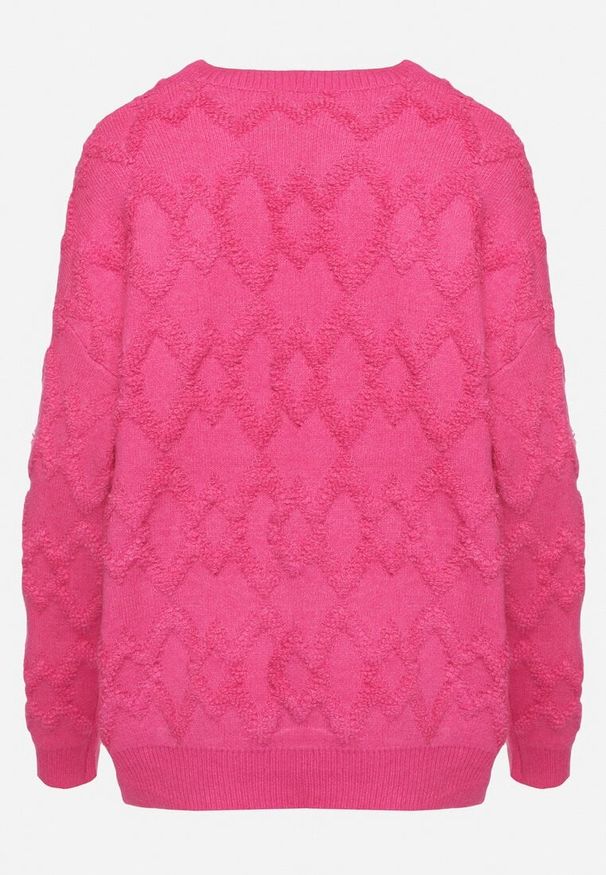 Born2be - Fuksjowy Sweter o Luźnym Kroju i Wzorzystym Splocie ze Ściągaczami Elondrae. Okazja: na co dzień. Kolor: różowy. Materiał: bawełna, jeans. Długość rękawa: długi rękaw. Długość: długie. Wzór: ze splotem. Styl: elegancki, casual