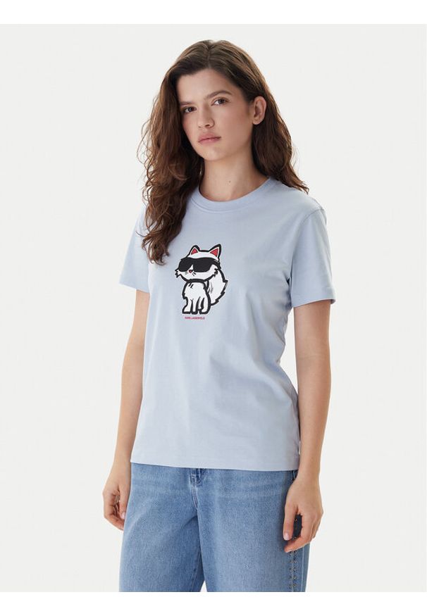 Karl Lagerfeld - KARL LAGERFELD T-Shirt A1W17128 Błękitny Regular Fit. Typ kołnierza: dekolt w karo. Kolor: niebieski. Materiał: bawełna