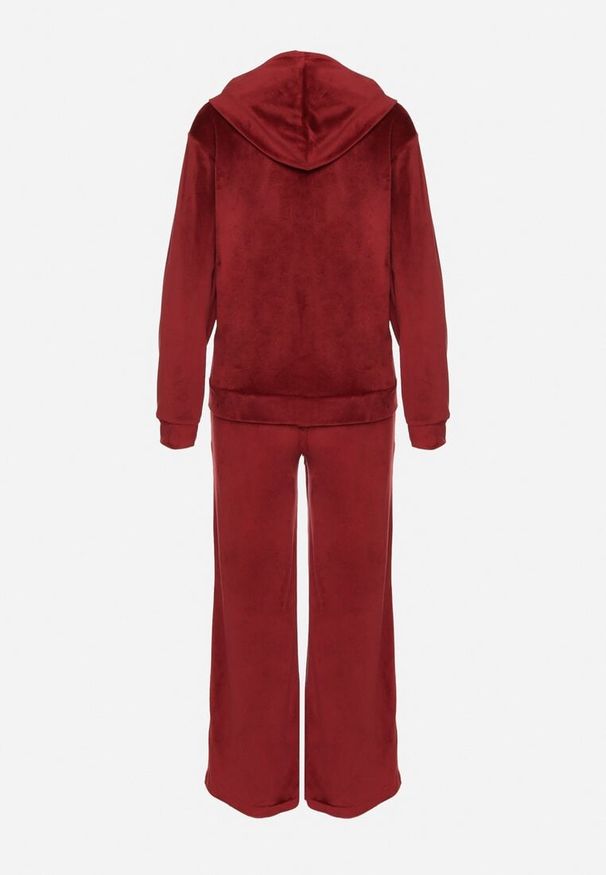 Born2be - Bordowy Komplet Dresowy z Weluru Taliowana Bluza i Szerokie Spodnie Meandra. Kolor: czerwony. Materiał: welur, dresówka. Wzór: aplikacja