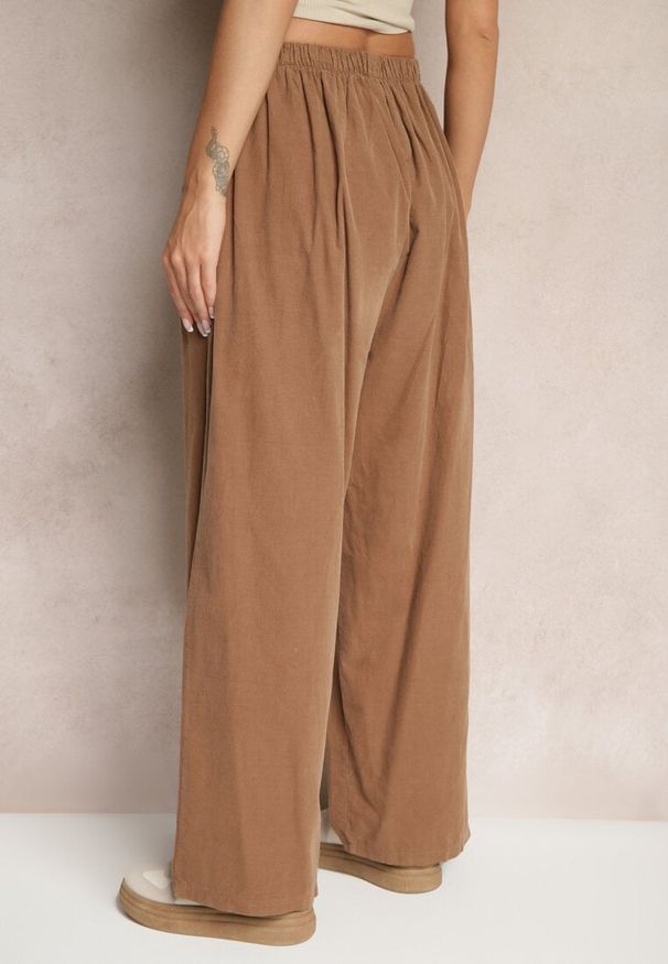Renee - Brązowe Bawełniane Spodnie High Waist o Szerokim Kroju Velili. Okazja: na co dzień. Stan: podwyższony. Kolor: brązowy. Materiał: bawełna. Styl: elegancki, casual