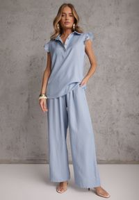 Renee - Jasnoniebieski Komplet z Wiskozą Bluzka z Kołnierzem i Spodnie Wide Leg Naunne. Kolekcja: plus size. Kolor: niebieski. Materiał: wiskoza. Wzór: gładki #2