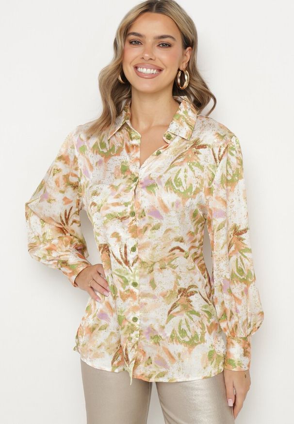 Born2be - Beżowa Koszula z Metalicznym Nadrukiem Yalalia. Kolor: beżowy. Materiał: jeans. Wzór: nadruk. Styl: elegancki