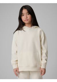 4f - 4F Bluza dresowa loose z kapturem dziewczęca - biała 146/152 (10-12 lat). Okazja: na co dzień, na uczelnię. Typ kołnierza: kaptur. Kolor: beżowy. Materiał: dresówka. Sezon: lato. Styl: casual #1