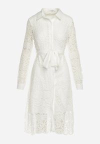 Born2be - Biała Koszulowa Rozkloszowana Sukienka Midi z Paskiem i Ozdobną Koronką oraz Guzikami Casuva. Okazja: na imprezę. Kolor: biały. Materiał: koronka. Wzór: koronka. Typ sukienki: koszulowe. Styl: klasyczny, elegancki, wizytowy. Długość: midi #5