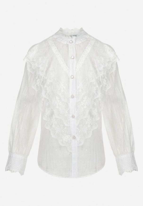 Born2be - Biała Koszula z Metaliczną Nitką i Falbanką Ruweyda. Typ kołnierza: kołnierz z falbankami. Kolor: biały. Materiał: tkanina. Długość rękawa: długi rękaw. Długość: długie. Wzór: haft. Styl: elegancki