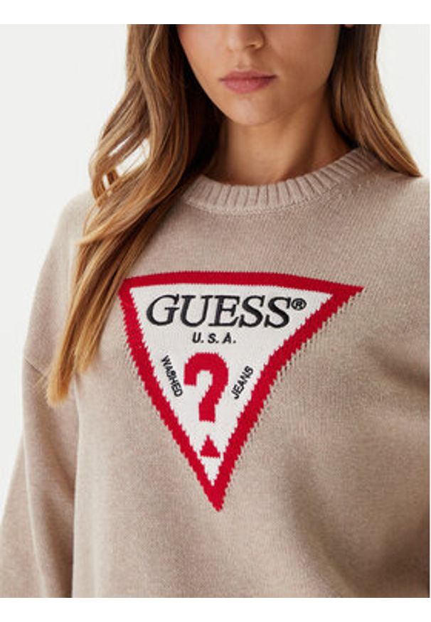 Guess Jeans Sweter W4BR12 Z3HM1 Beżowy Relaxed Fit. Kolor: beżowy. Materiał: bawełna
