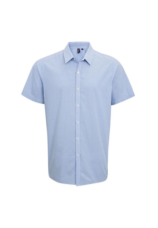 PREMIER - Męska Bawełniana Koszula Z Krótkim Rękawem W Kratkę Micro Gingham. Kolor: biały, wielokolorowy, niebieski. Materiał: bawełna. Długość rękawa: krótki rękaw. Długość: krótkie. Wzór: kratka