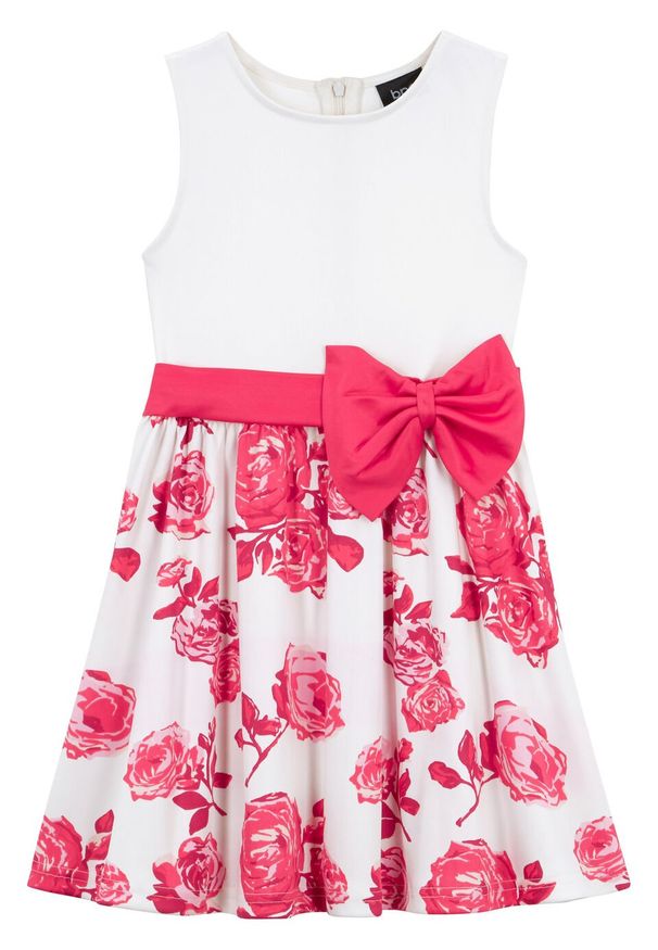 Sukienka dziewczęca na uroczyste okazje bonprix biel wełny - różowy hibiskus. Kolor: biały. Materiał: wełna
