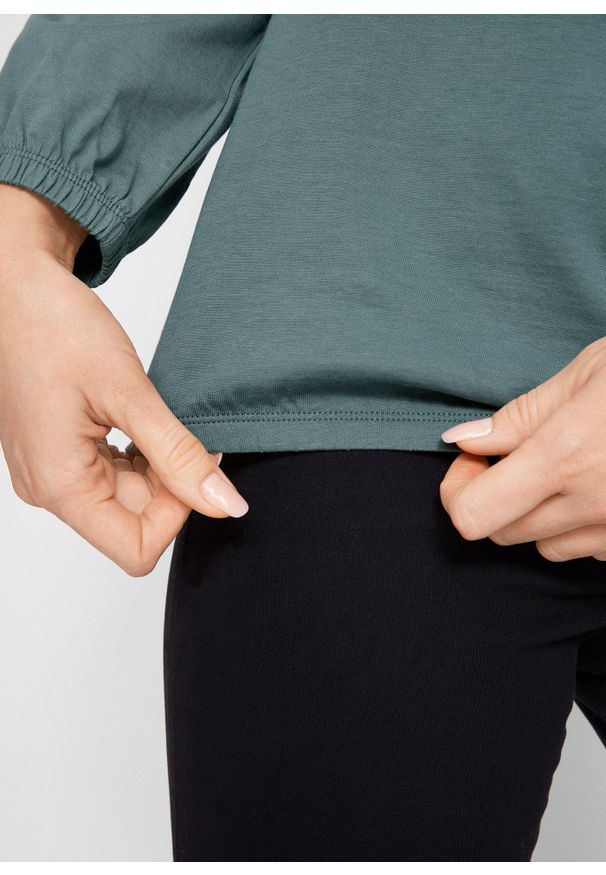 bonprix - Shirt bawełniany z długim rękawem i gumką. Typ kołnierza: dekolt w serek. Kolor: zielony. Materiał: bawełna. Długość rękawa: długi rękaw. Długość: długie