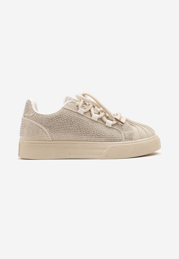 Renee - Beżowe Sneakersy z Ozdobnym Tłoczeniem i Cyrkoniami Dorreia. Okazja: na co dzień. Nosek buta: okrągły. Kolor: beżowy. Materiał: jeans. Wzór: aplikacja. Obcas: na płaskiej podeszwie
