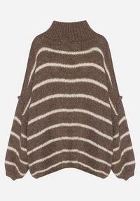 Born2be - Brązowy Golf Oversize w Paski z Domieszką Wełny i Wiskozy Nexeia. Okazja: na co dzień. Typ kołnierza: golf. Kolor: brązowy. Materiał: wełna, wiskoza. Wzór: paski. Styl: klasyczny, casual, elegancki #7