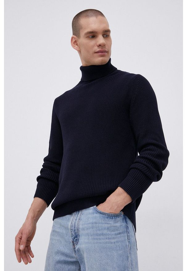 Premium by Jack&Jones Sweter bawełniany męski kolor granatowy z golfem. Typ kołnierza: golf. Kolor: niebieski. Materiał: bawełna. Długość rękawa: długi rękaw. Długość: długie