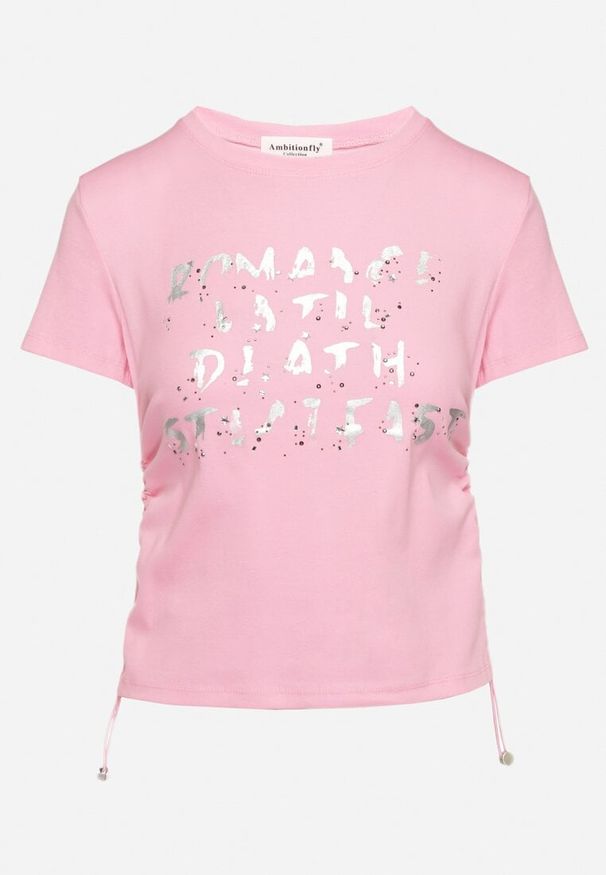 Born2be - Różowy T-shirt z Bawełny z Ozdobnym Nadrukiem Troczkami i Cyrkoniami ilretia. Okazja: na co dzień. Kolor: różowy. Materiał: bawełna. Wzór: nadruk. Styl: casual