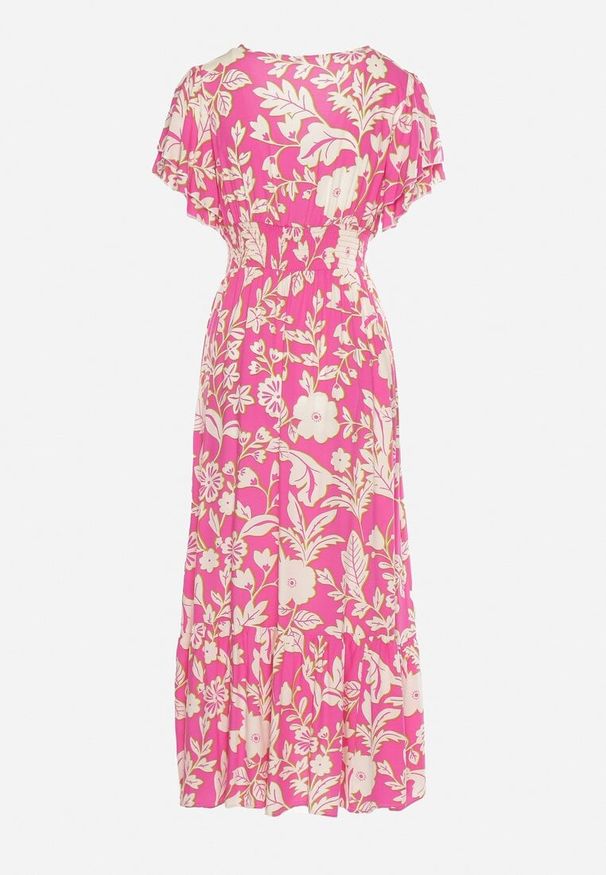 Born2be - Różowa Wiskozowa Rozkloszowana Sukienka z Ozdobnym Wiązaniem i Koronkową Tasiemką z Gumką w Pasie Lalmarie. Okazja: do pracy, na spacer, na co dzień, na spotkanie biznesowe. Kolor: różowy. Materiał: wiskoza, koronka. Wzór: aplikacja. Styl: casual, biznesowy