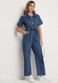 Born2be - Granatowy Jeansowy Kombinezon z Wiązaniem w Talii i Szerokimi Nogawkami Xenadea. Kolor: niebieski. Materiał: jeans. Sezon: lato #4