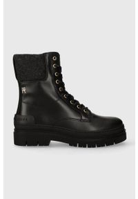 TOMMY HILFIGER - Tommy Hilfiger botki skórzane FEMININE FELT LACE UP BOOTIE damskie kolor czarny na płaskim obcasie ocieplone FW0FW07500. Zapięcie: sznurówki. Kolor: czarny. Materiał: skóra. Obcas: na obcasie. Styl: klasyczny. Wysokość obcasa: niski #1